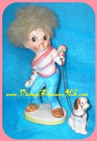 Image for Dee Bee Co. Imports Japan “Boy with Fuzzy-Wuzzy (? Rabbit Fur) Hair & Dog on Leash” Handpainted Ceramic Figurines Set Vintage ca 1940s-1960s <b><span style='color:red'>*****PRIORITY MAIL SHIPPING INCLUDED – DOMESTIC ORDERS ONLY!*****</span></b><span style='color:purple'>